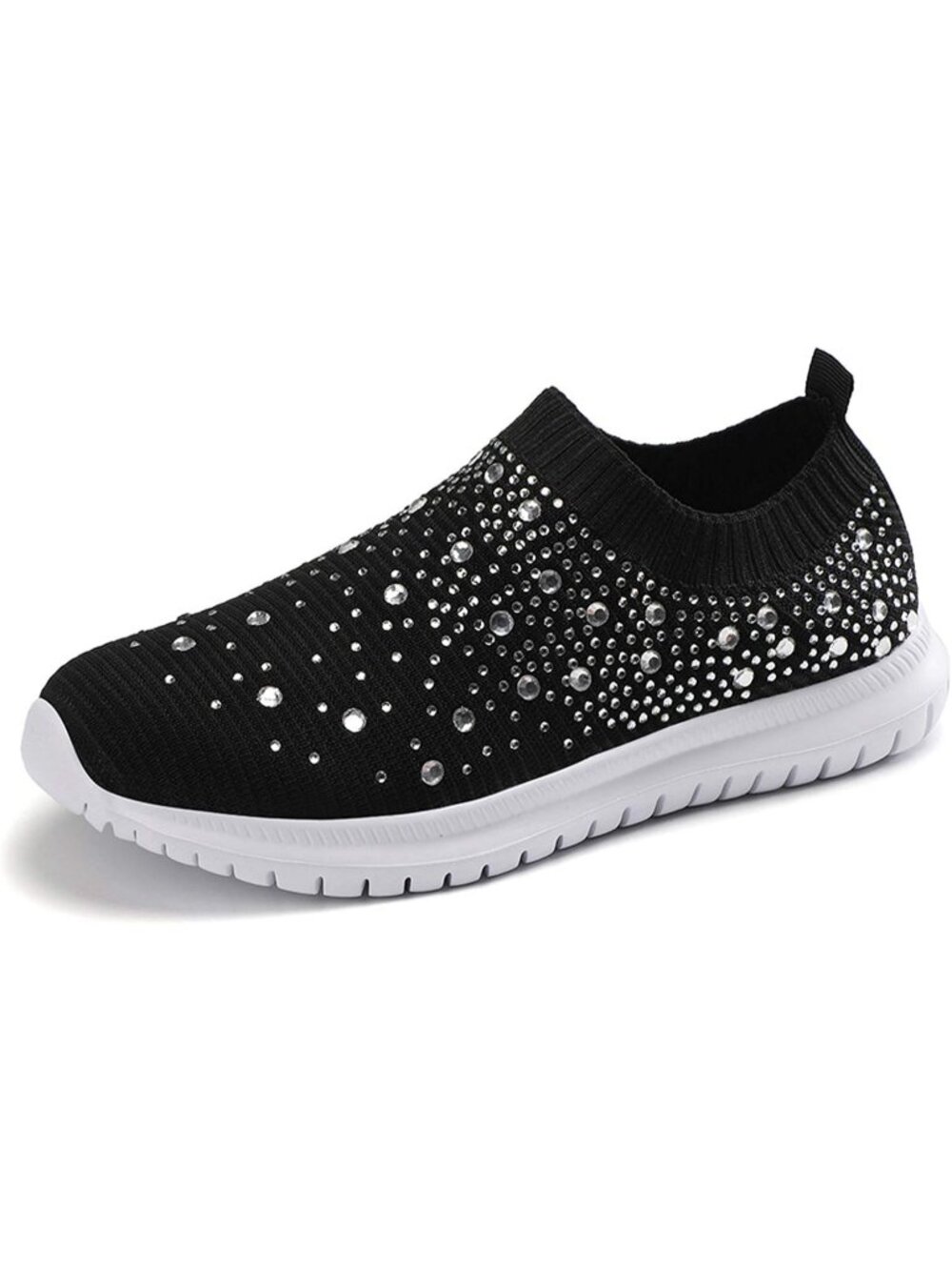 Women's Black Mesh Rhinestone Glitter Slip On Ballroom Jazz Latin Sock Sneakers
